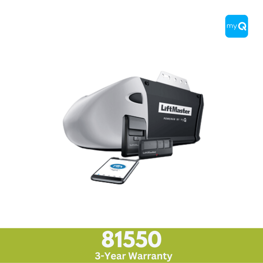 A black and silver LiftMaster model 81550 garage door opener with a three year warranty