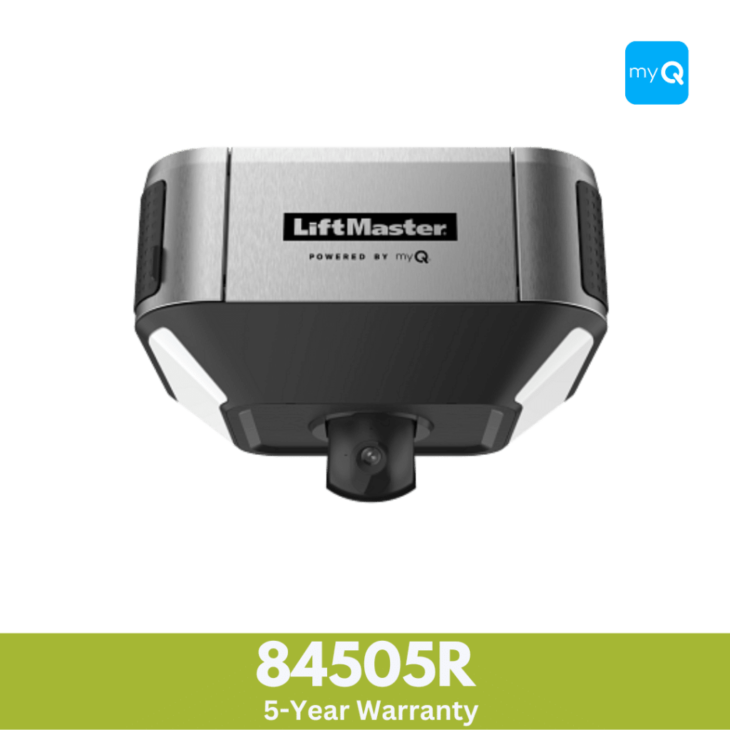 A black and silver LiftMaster model 84595R garage door opener with a five year warranty