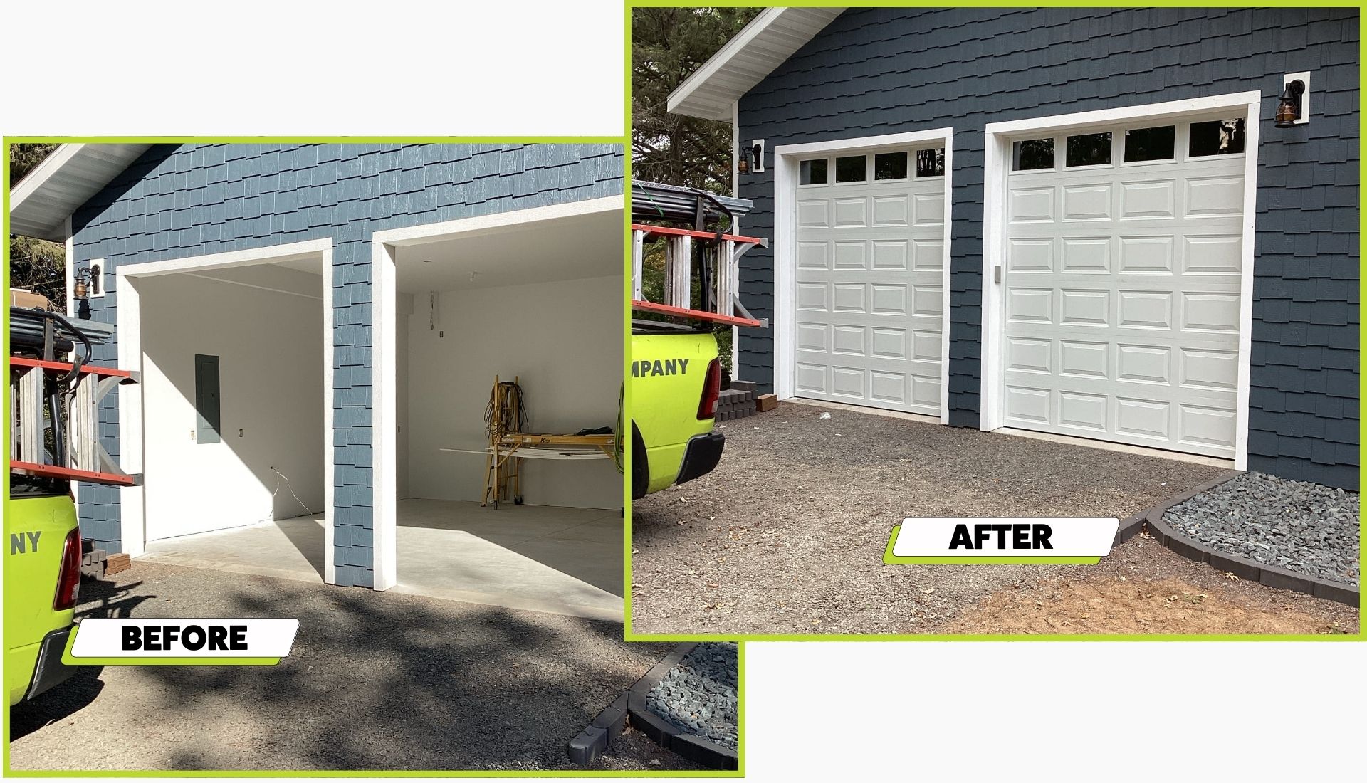 A before and after photo of a garage door install in Brooklyn Park