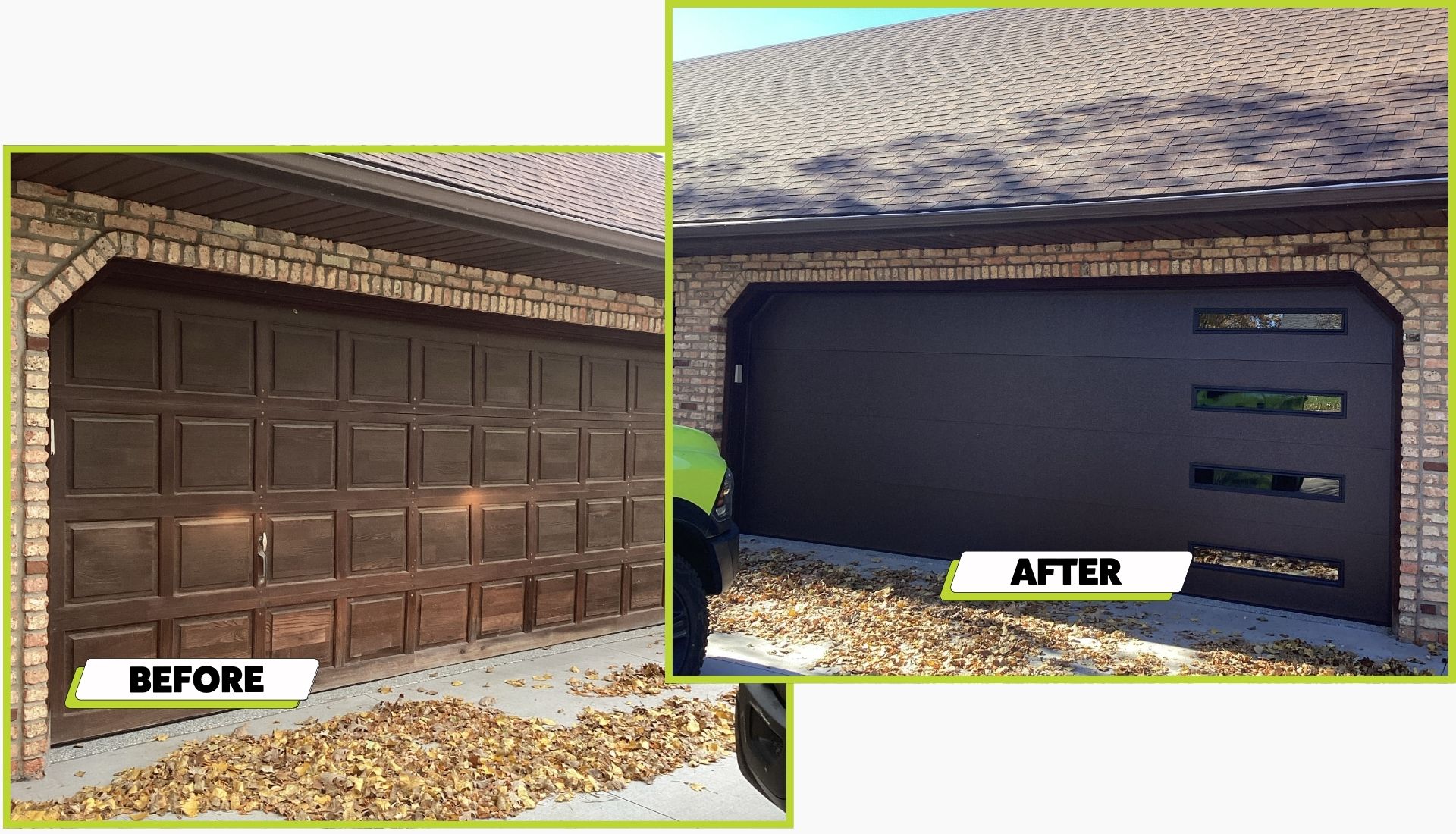 A before and after photo of a garage door install in Coon Rapids