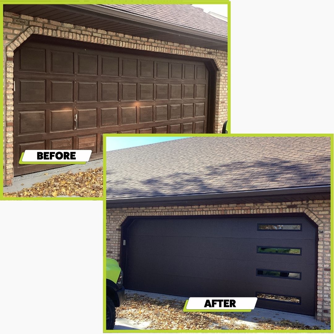 A before and after photo of a garage door install in Coon Rapids