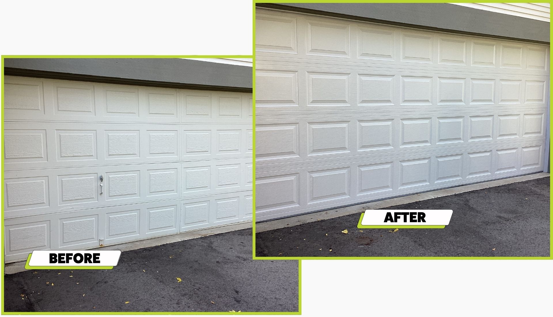 A before and after photo of a garage door install in Cottage Grove