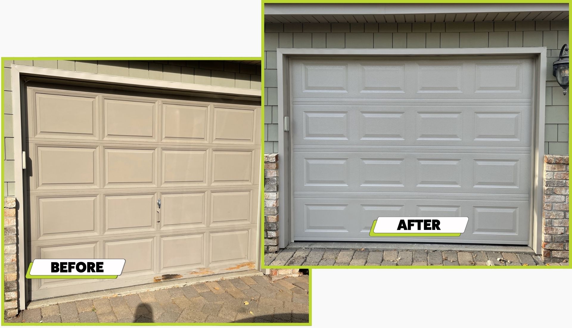 A before and after image of a garage door install in Eagan