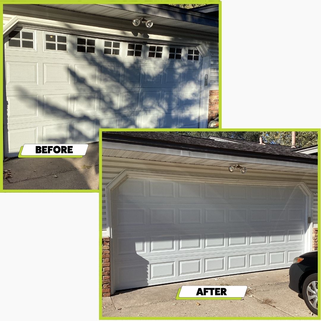 A before and after photo of a garage door install in Eden Prairie