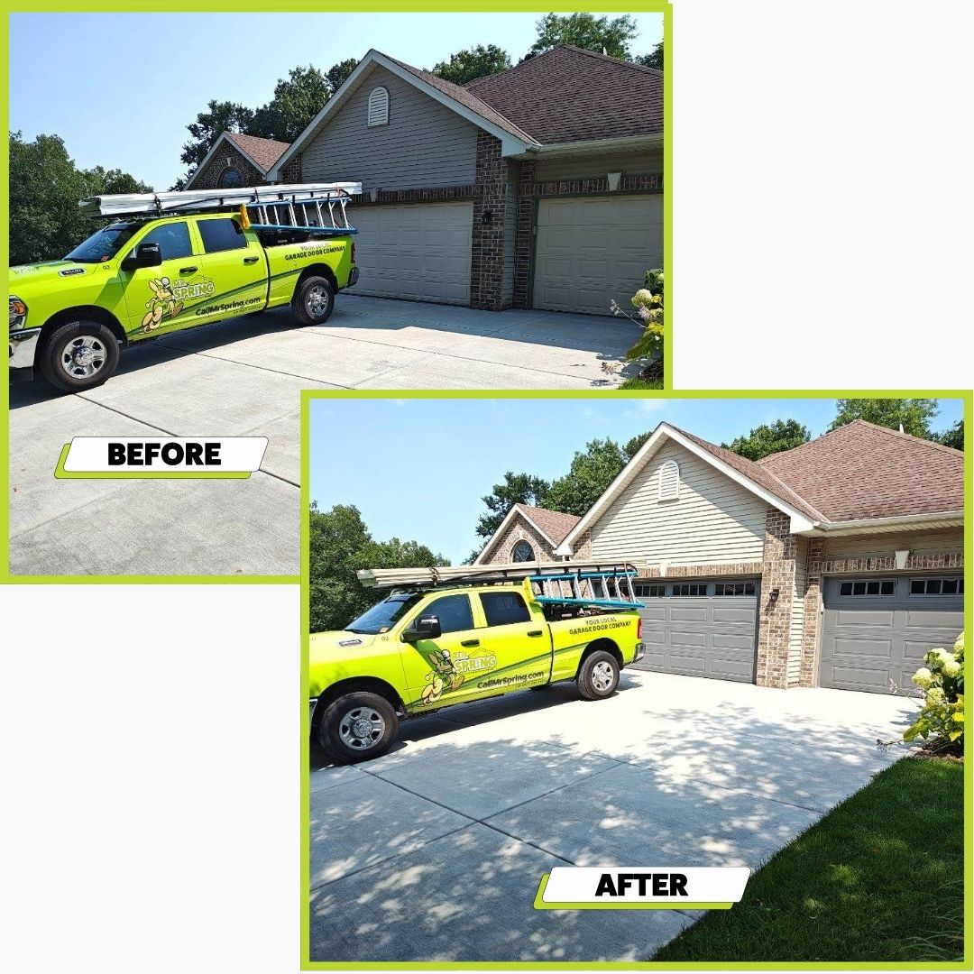 A before and after photo of a garage door install in Hastings
