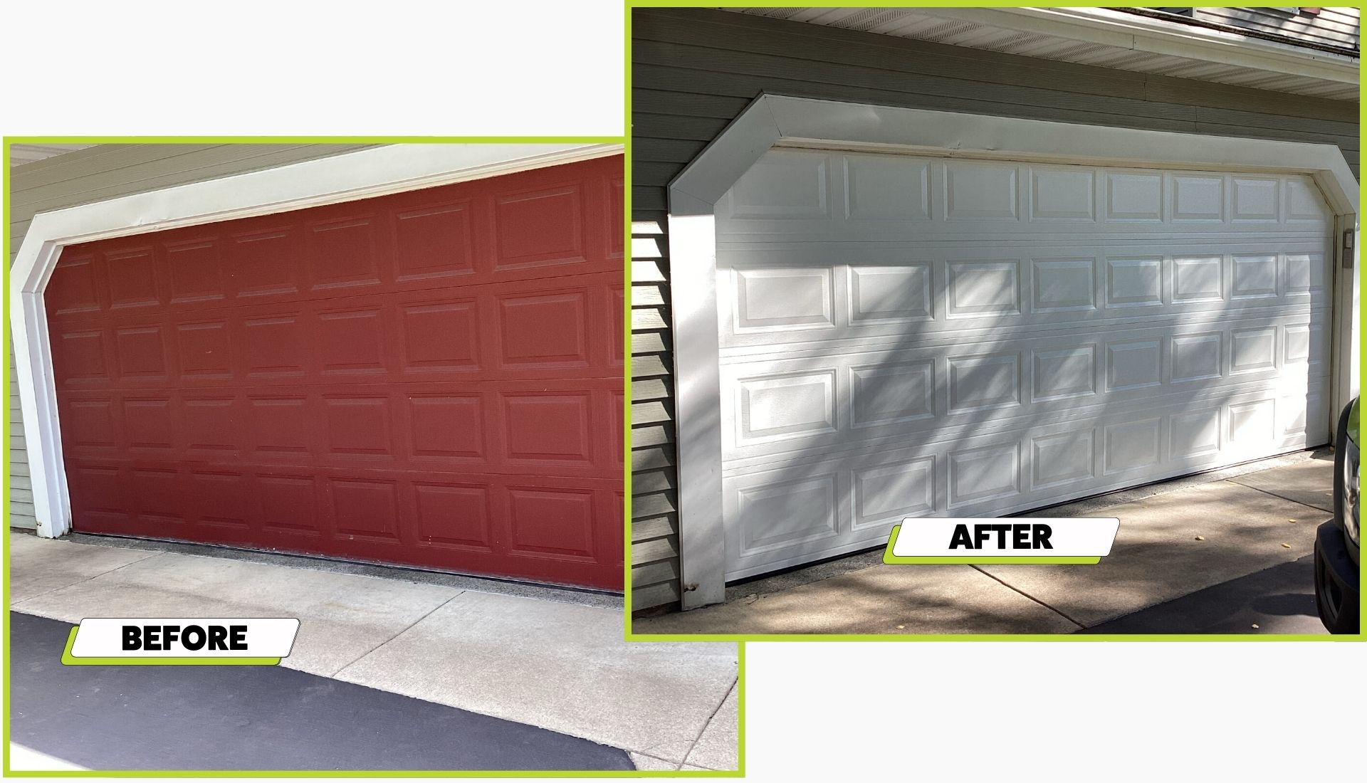 A before and after picture of a garage door install in Lakeville