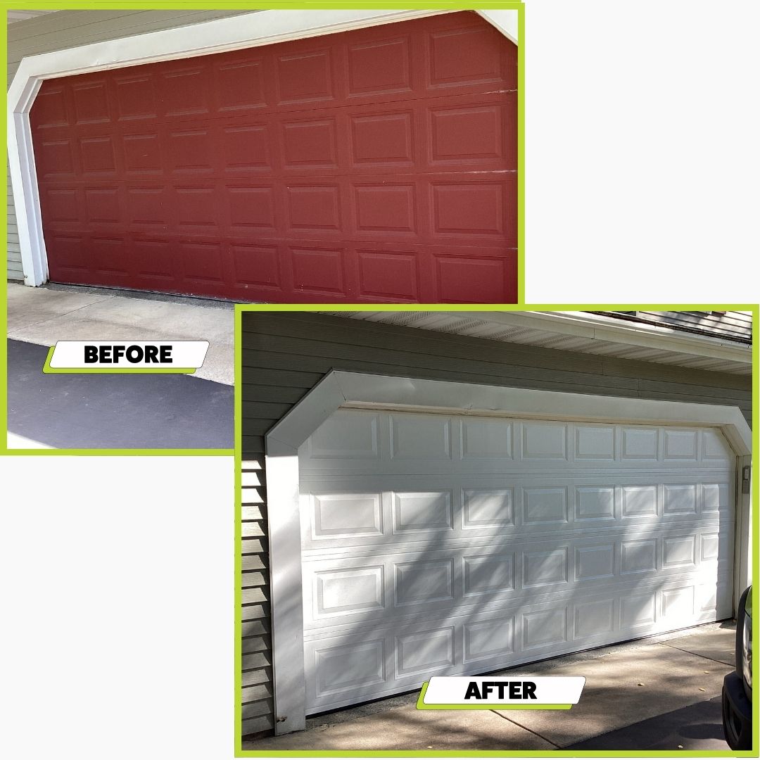 A before and after photo of a garage door install in Lakeville