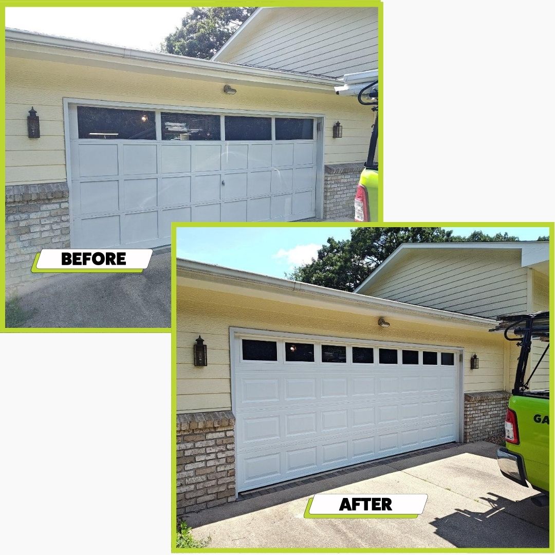 A before and after image of a garage door install in Maple Grove