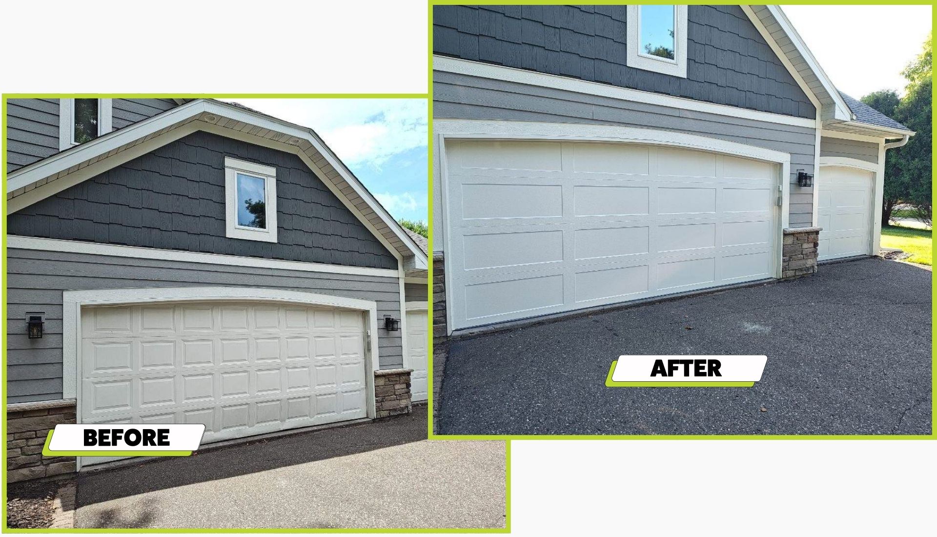 A before and after image of a garage door install in Maplewood
