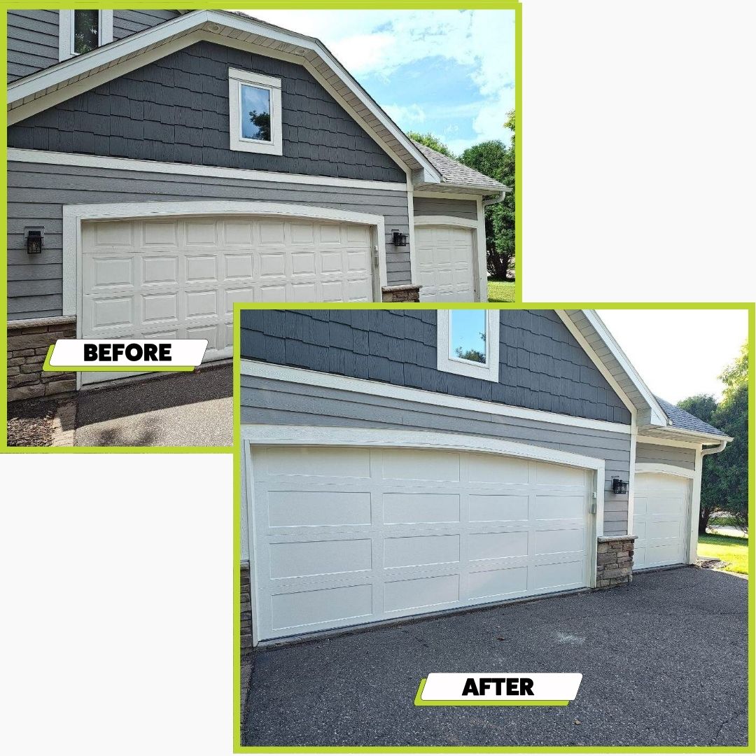 A before and after image of a garage door install in Maplewood