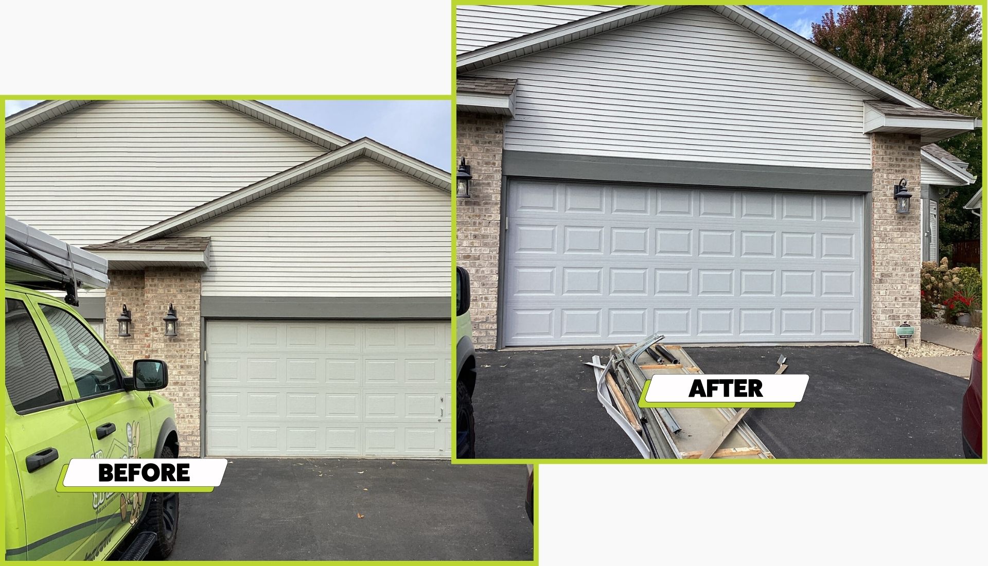 A before and after image of a garage door install in Minneapolis
