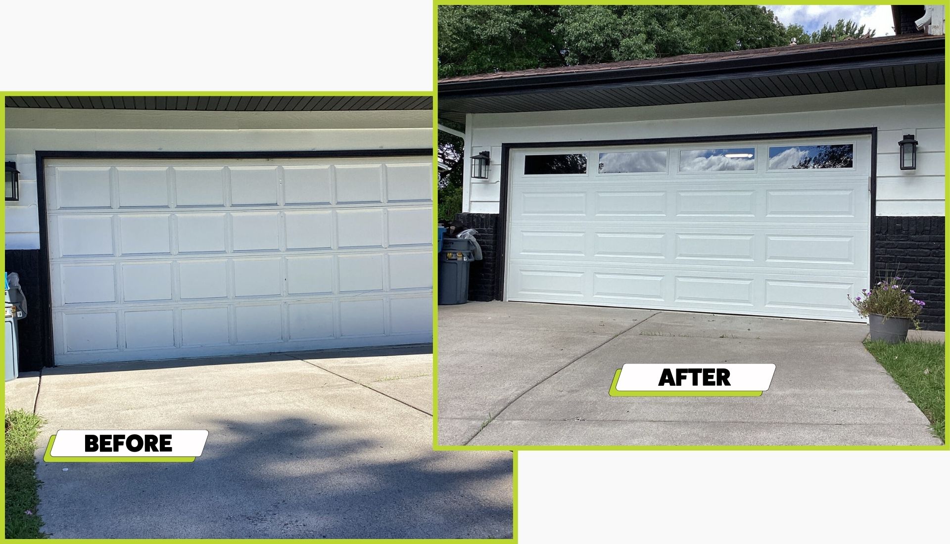 A before and after image of a garage door install in Minnetonka