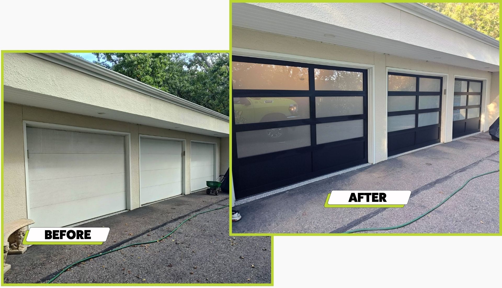 A before and after picture of a garage door install in Plymouth