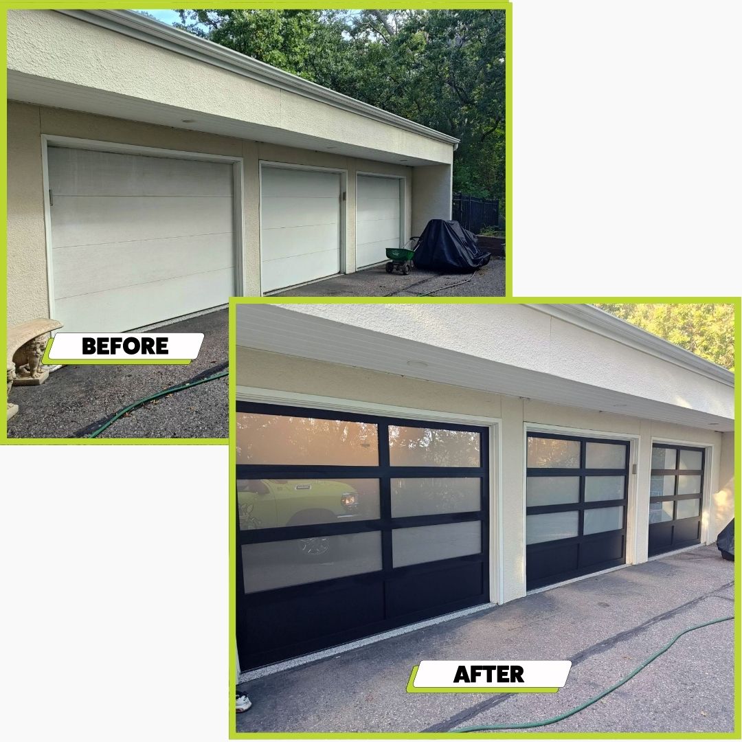 A before and after image of a garage door install in Plymouth