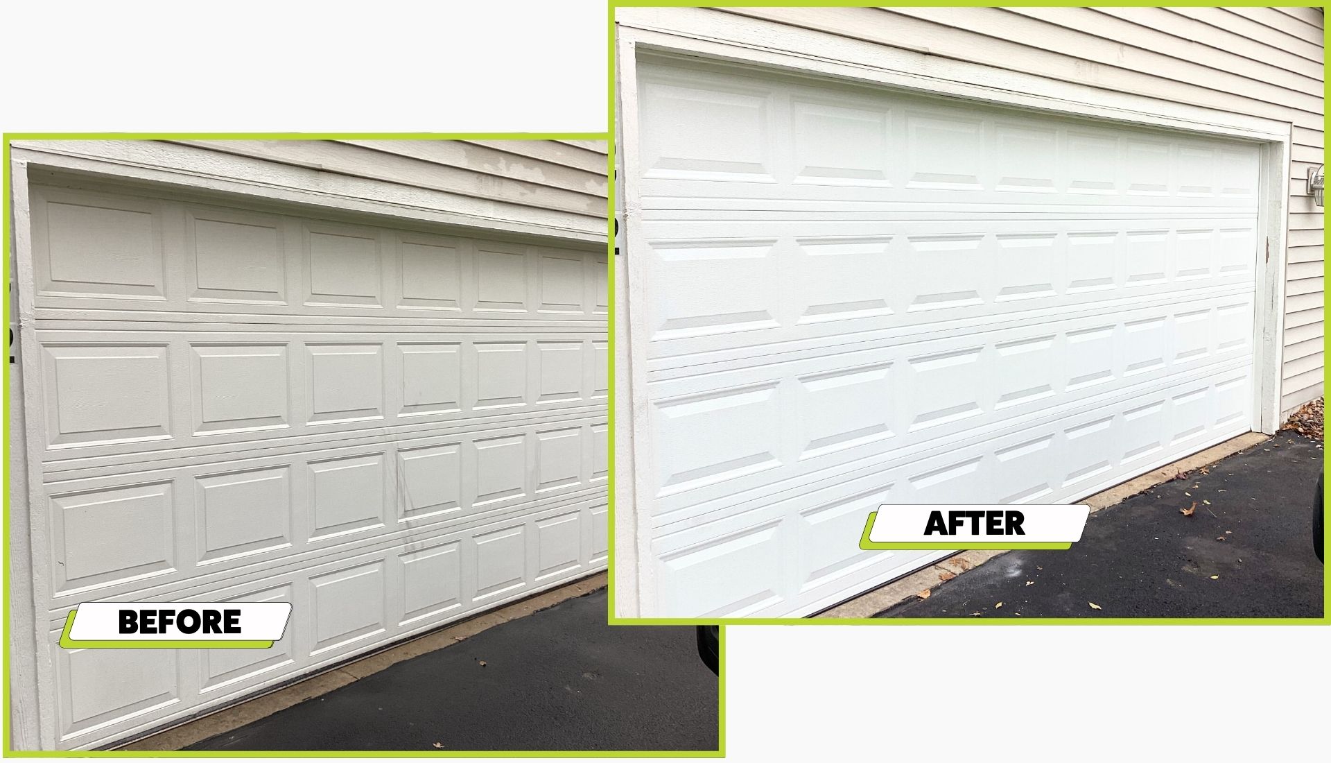 A before and after picture of a garage door install in Saint Cloud