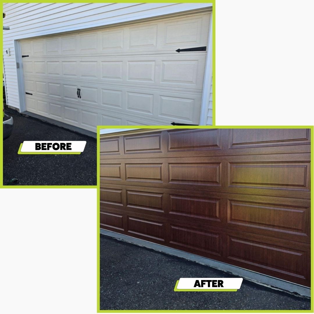 A before and after image of a garage door install in Saint Cloud