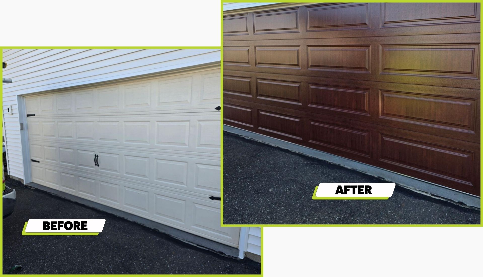 A before and after image of a garage door install in Saint Paul