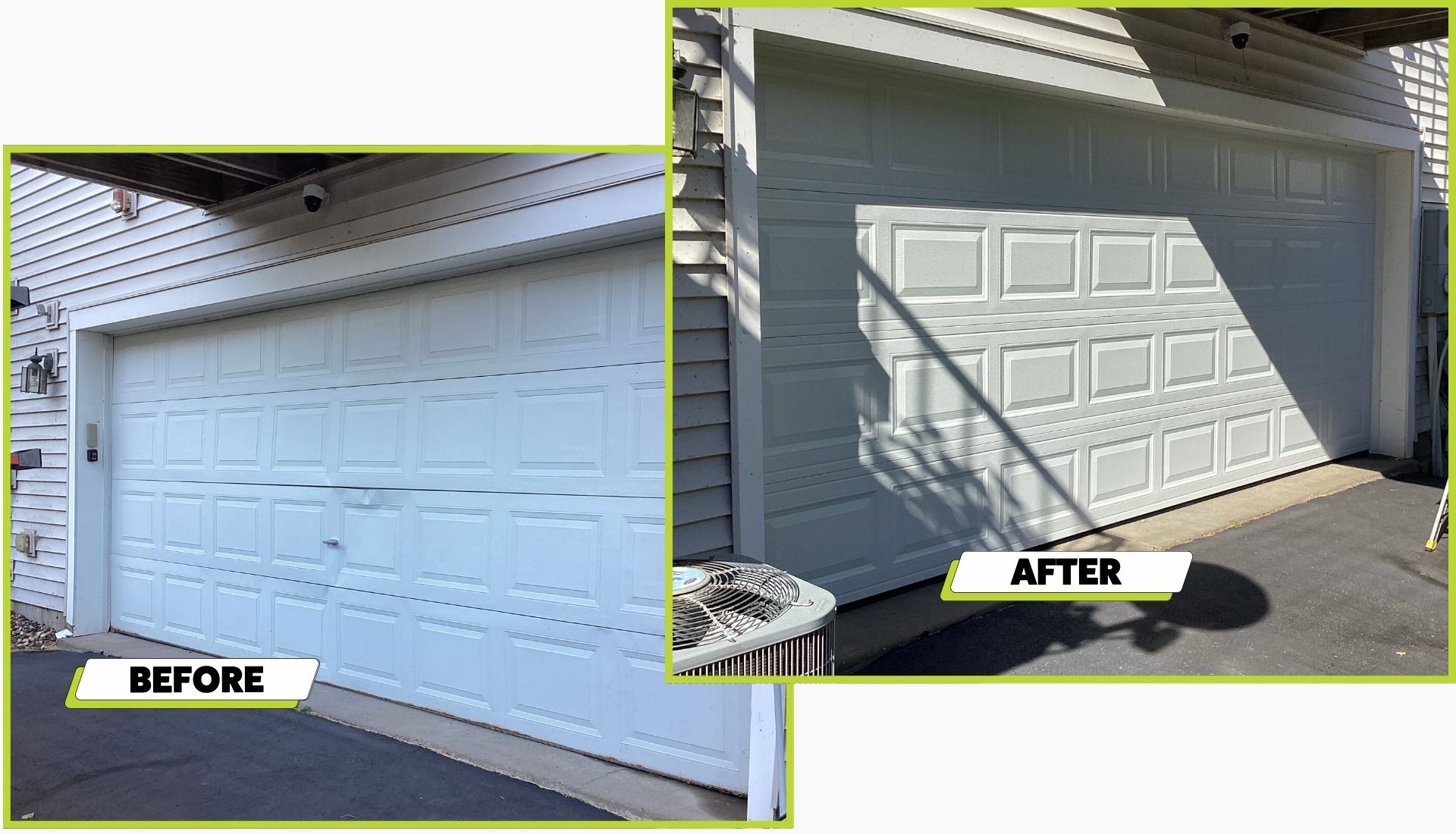 A before and after picture of a garage door install in Savage