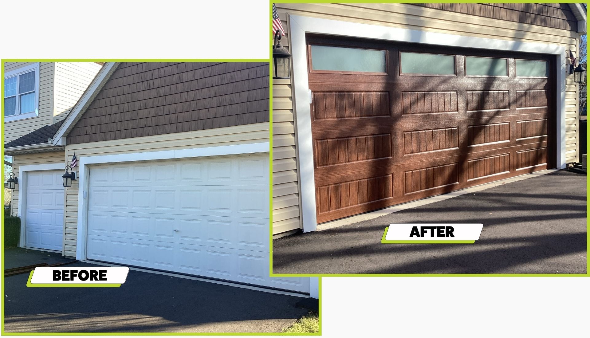 A before and after picture of a garage door install in Shakopee