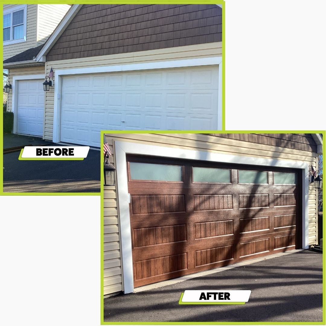 A before and after picture of a garage door install in Shakopee