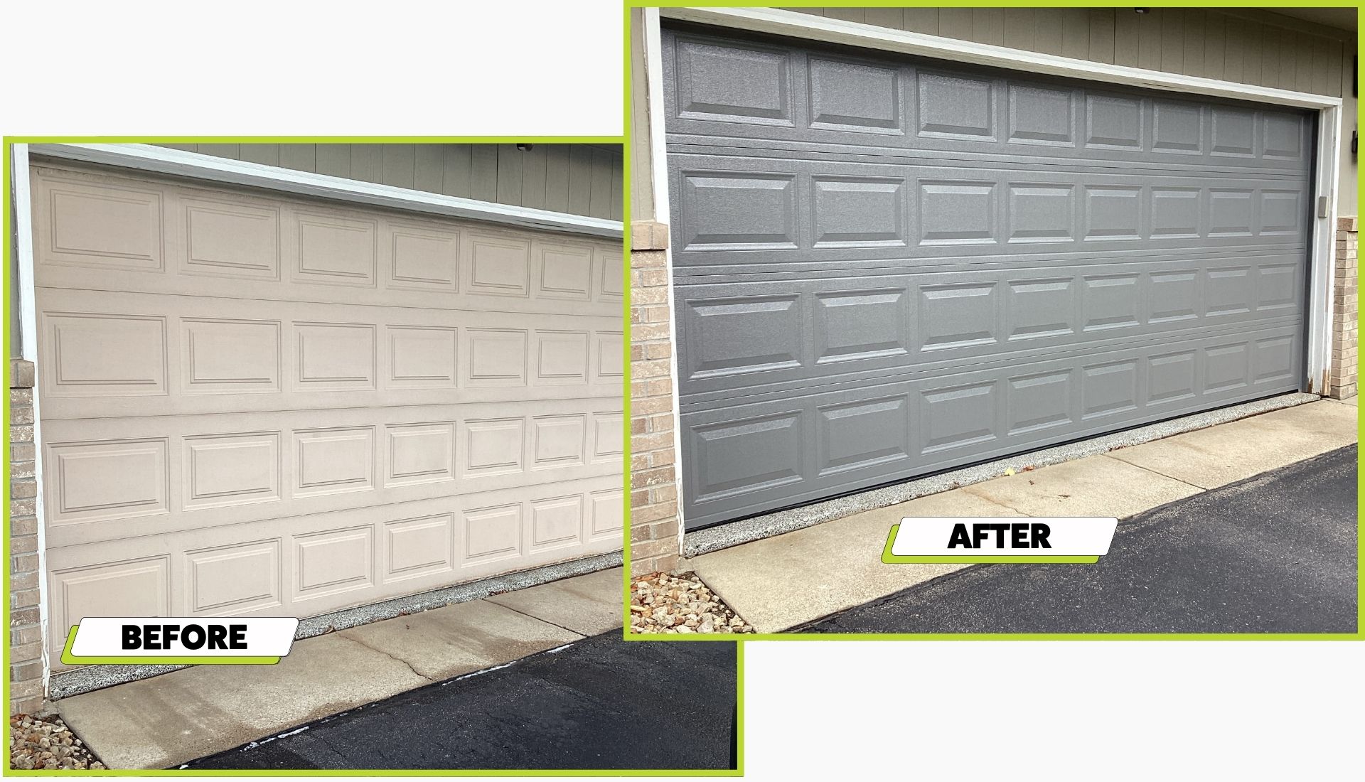 A before and after picture of a garage door install in White Bear Lake