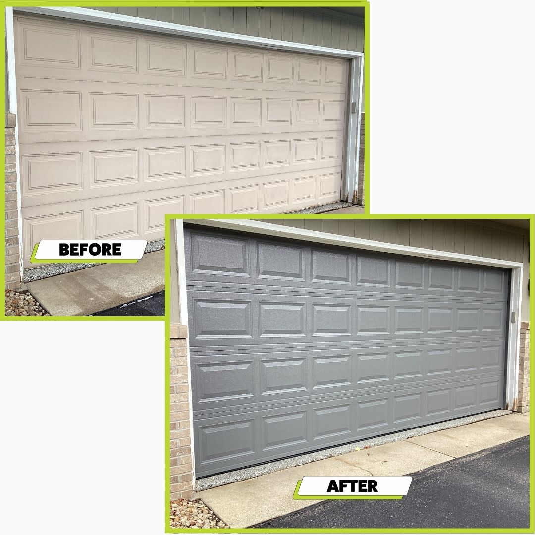 A before and after picture of a garage door install in White Bear Lake