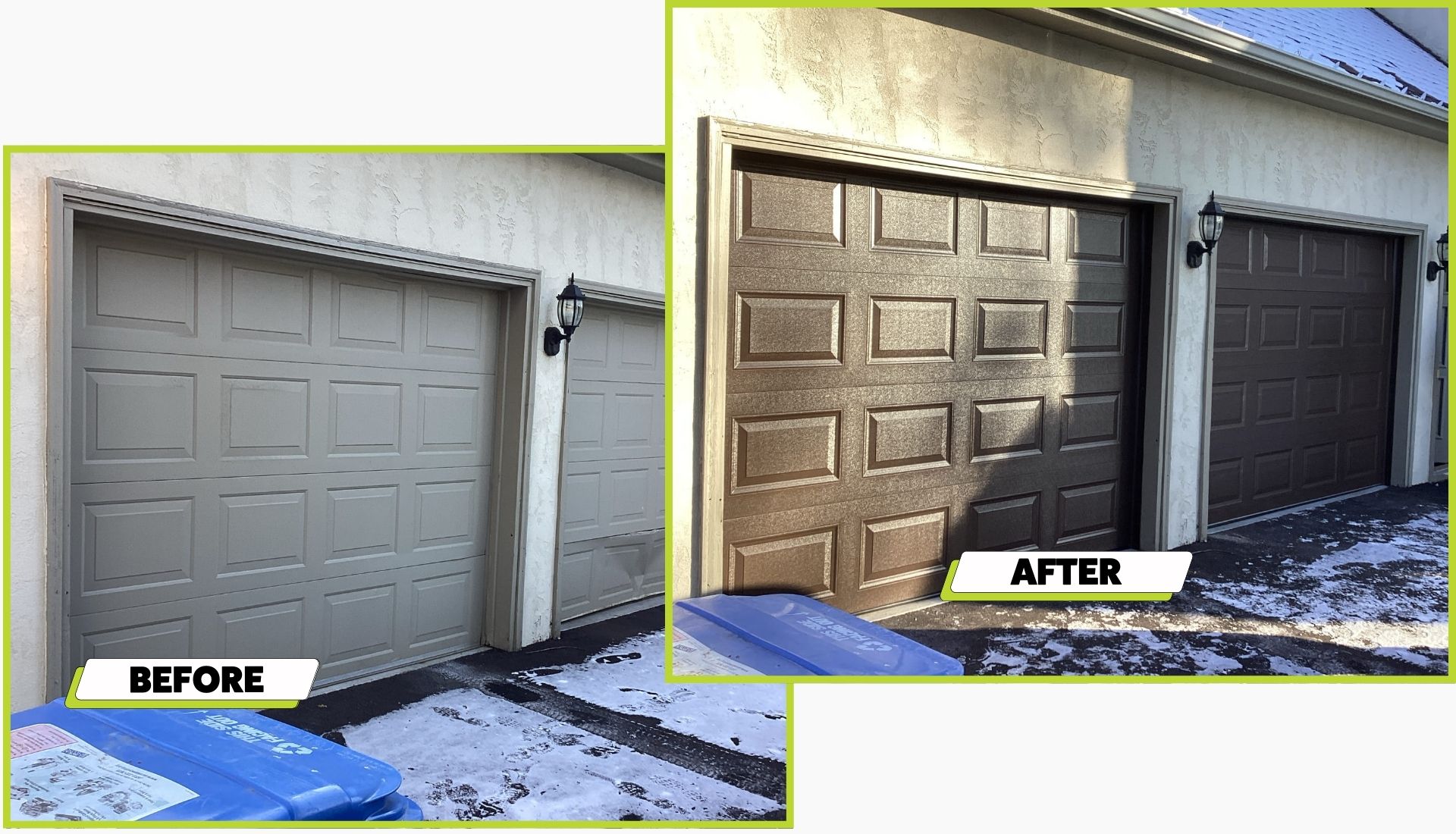A before and after photo of a garage door install in Falcon Heights Minnesota