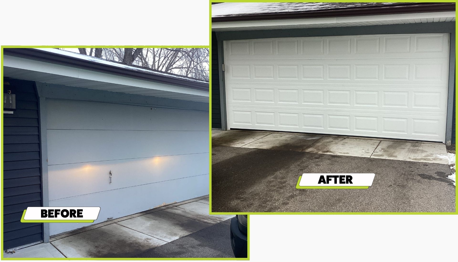 A before and after photo of a garage door install in Farmington Minnesota