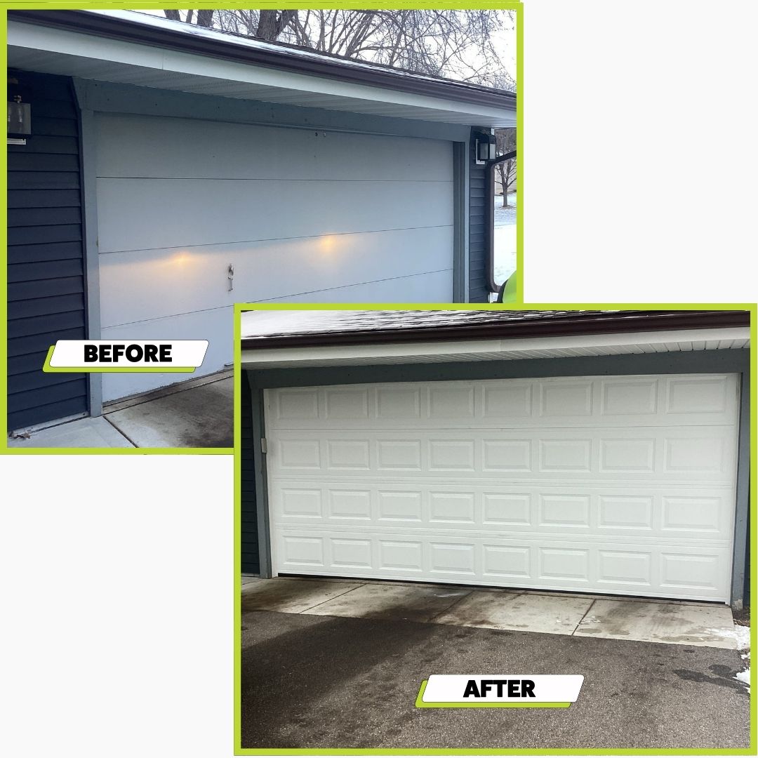 A before and after photo of a garage door install in Farmington Minnesota