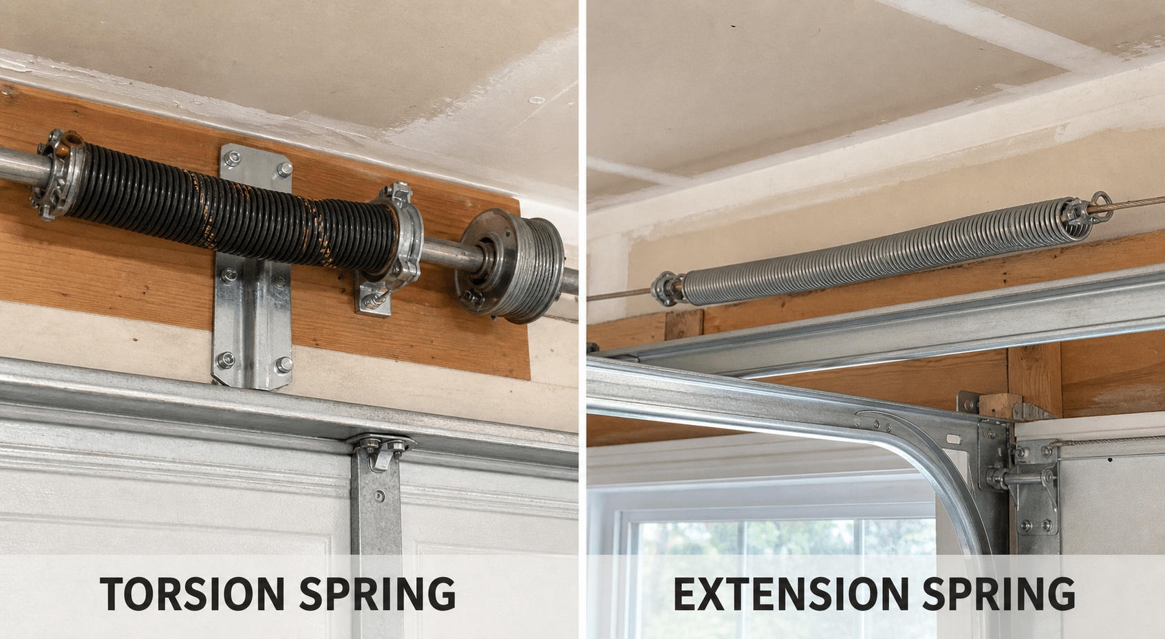 Garage Door Torsion spring vs extension spring comparison on a residential garage door