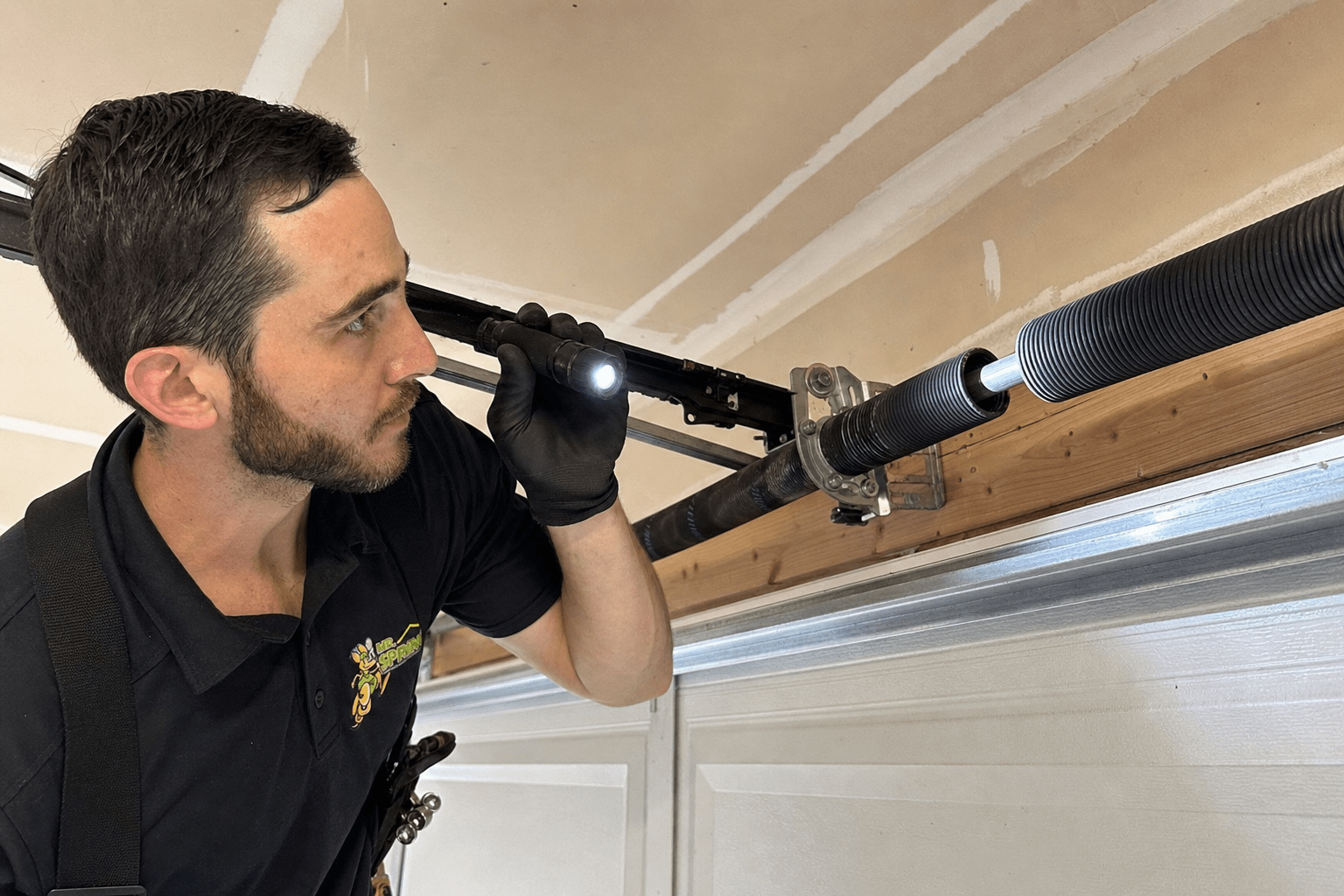 Mr. Spring Garage Doors technician inspecting a garage door torsion spring with a flashlight before replacement