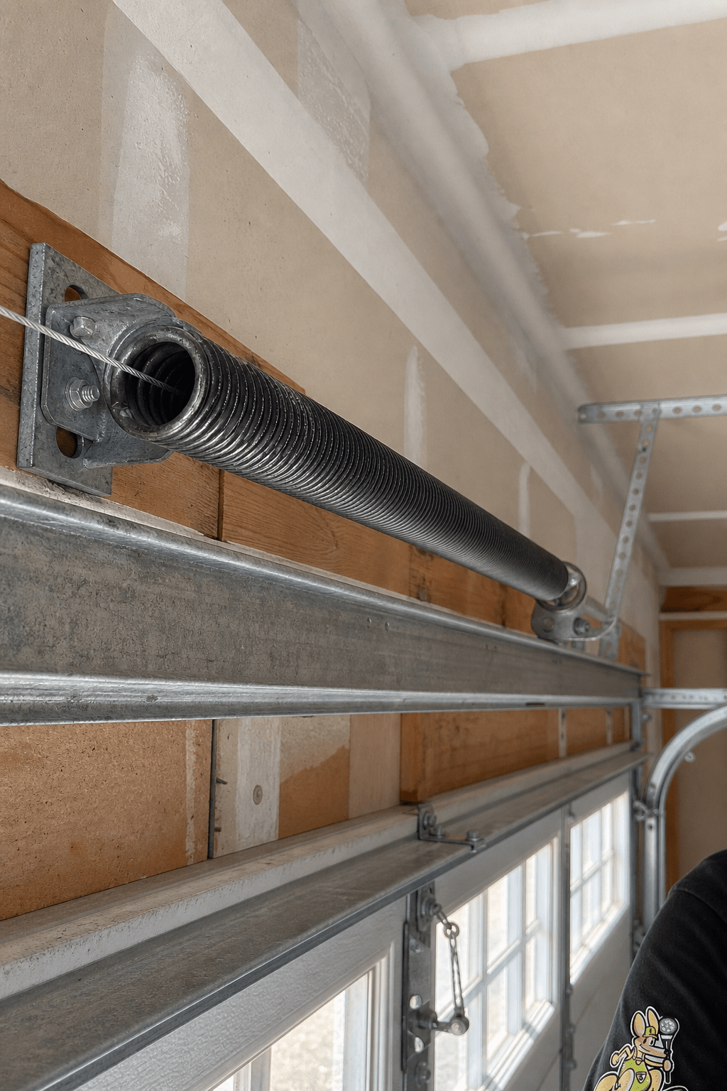 Close-up of a garage door extension spring with the safety cable threaded through the coil, mounted above the door track
