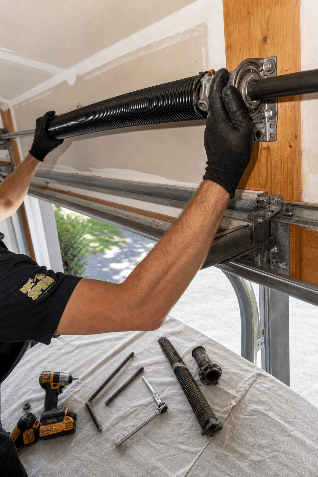 Mr. Spring technician installing a new torsion spring on a garage door track, with winding bars and a drill laid out on the job site