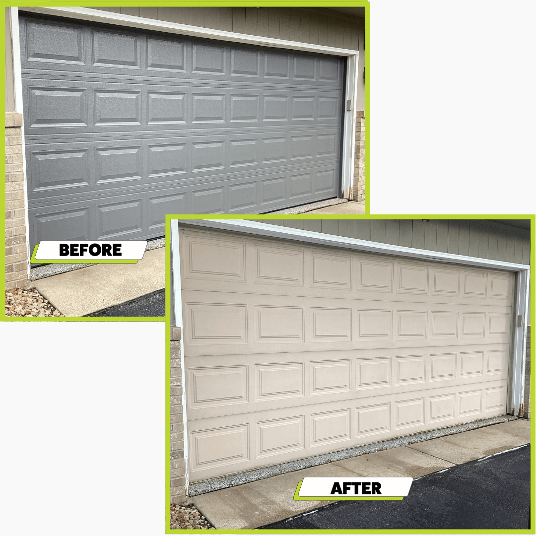 Before-and-after garage door repair completed
