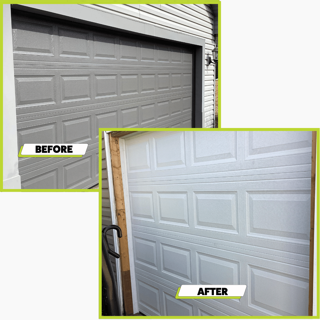 Damaged residential garage door before repair
