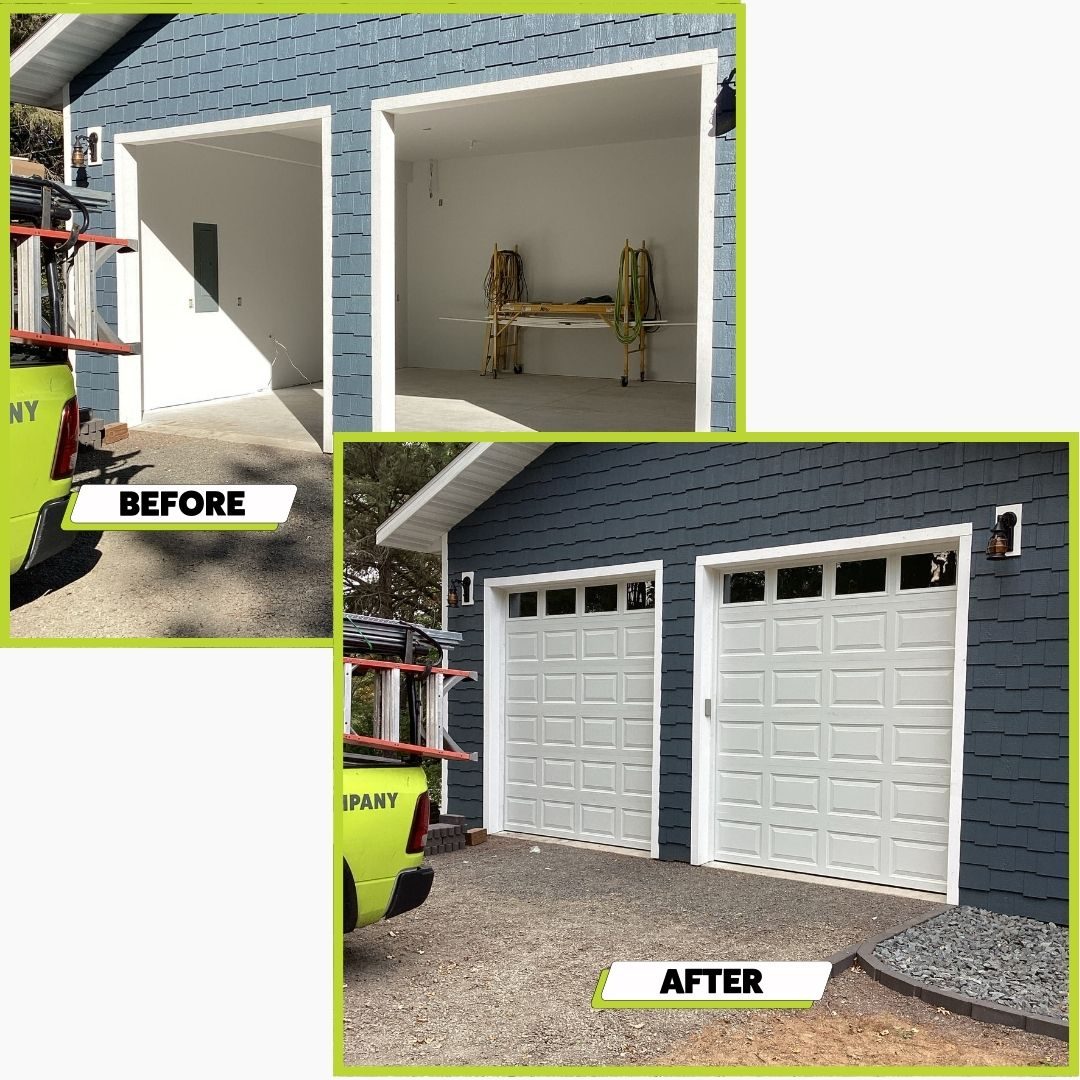 A before and after photo of a garage door install in Brooklyn Park