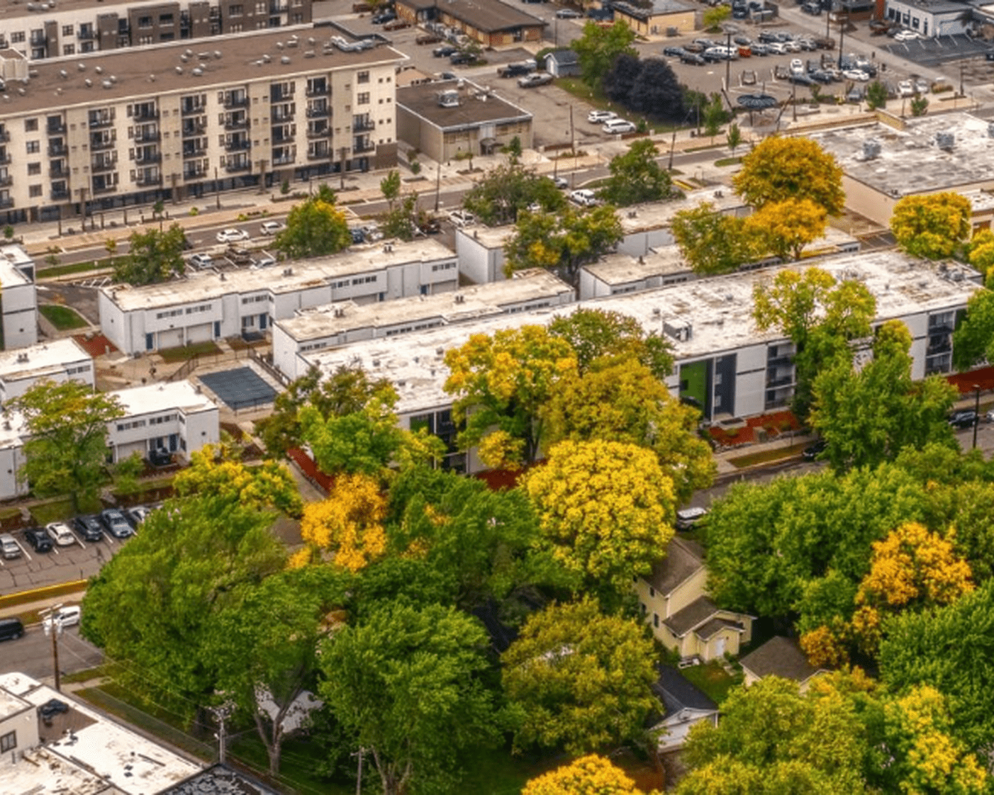 Aerial view of Hopkins MN neighborhood for garage door repair service