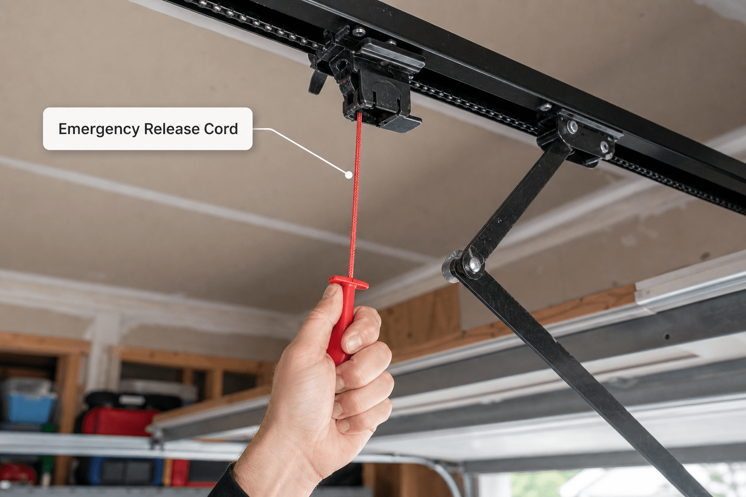 Red emergency release cord on a garage door opener