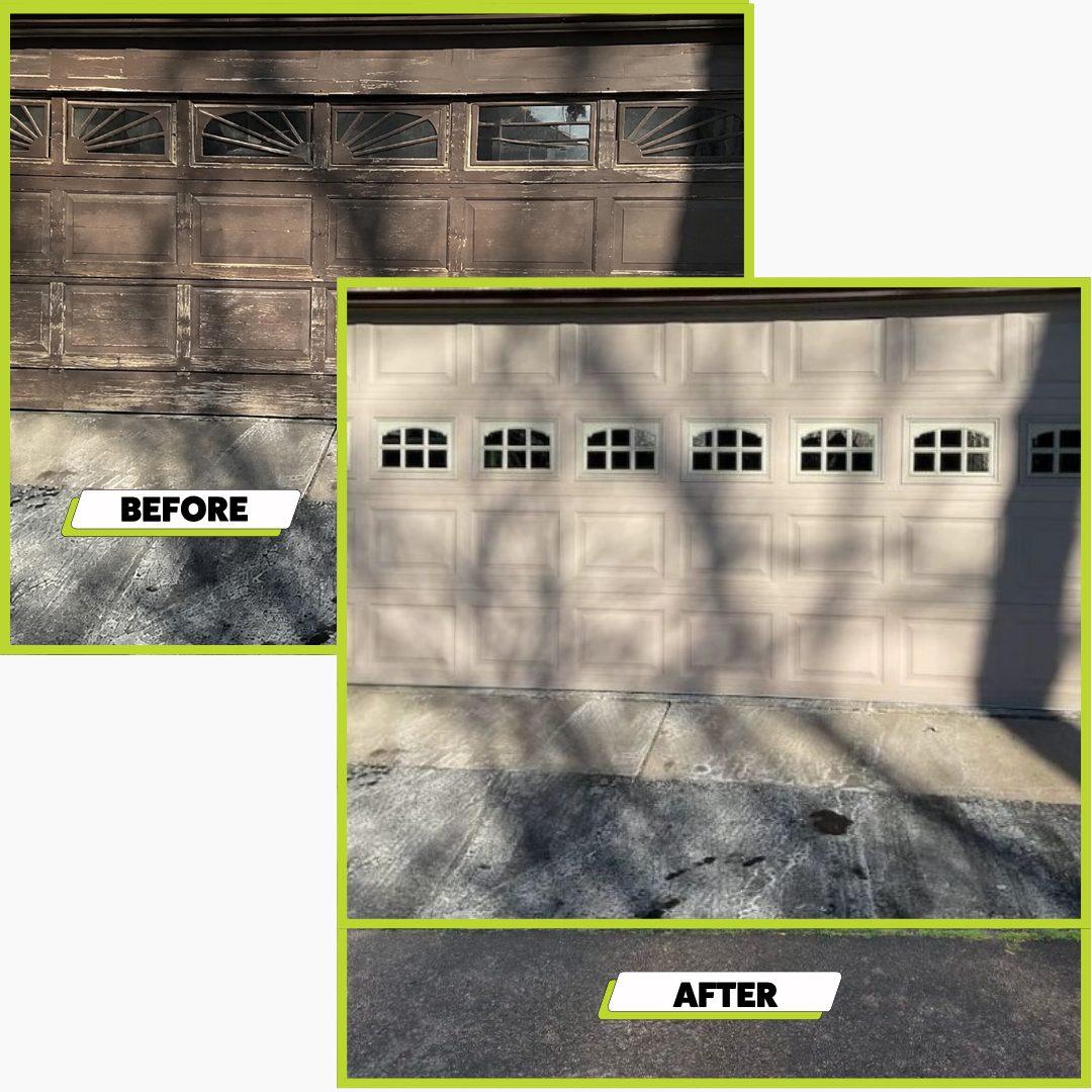 Before and after carriage style garage door installation in Savage Minnesota